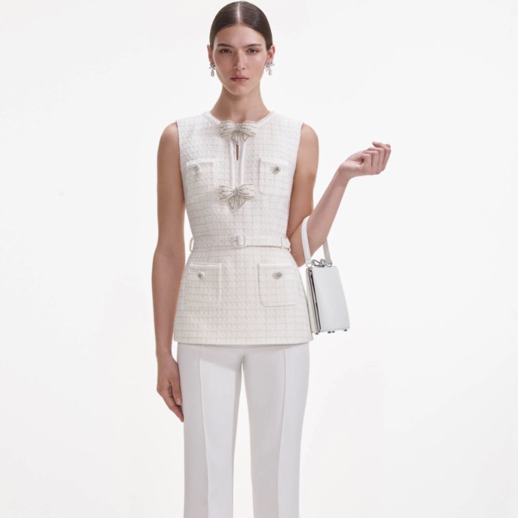 Self-Portrait Cream Boucle Bow Jumpsuit Size:Us8 - Msrp $670 - Nwt